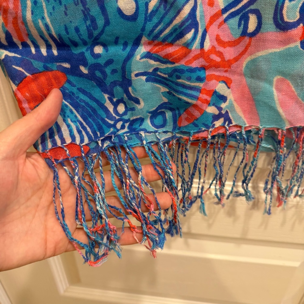Lilly Pulitzer She Shell Murfee Scarf Silk Cashmere Tassel Blue Starfish Fringe - Picture 3 of 8